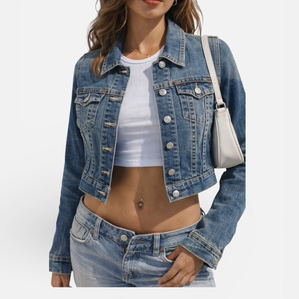 True Religion Emily Cropped Denim Jacket XS • Y2K Vintage